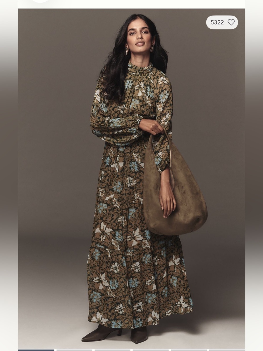 Anthropologie Olive Floral Long-Sleeve Maxi Dress with Blue Accents